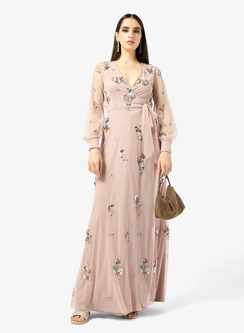 Frock And Frill  Embellished Plunge Neck Long Sleeve Maxi Dress for Women | Best Price UAE